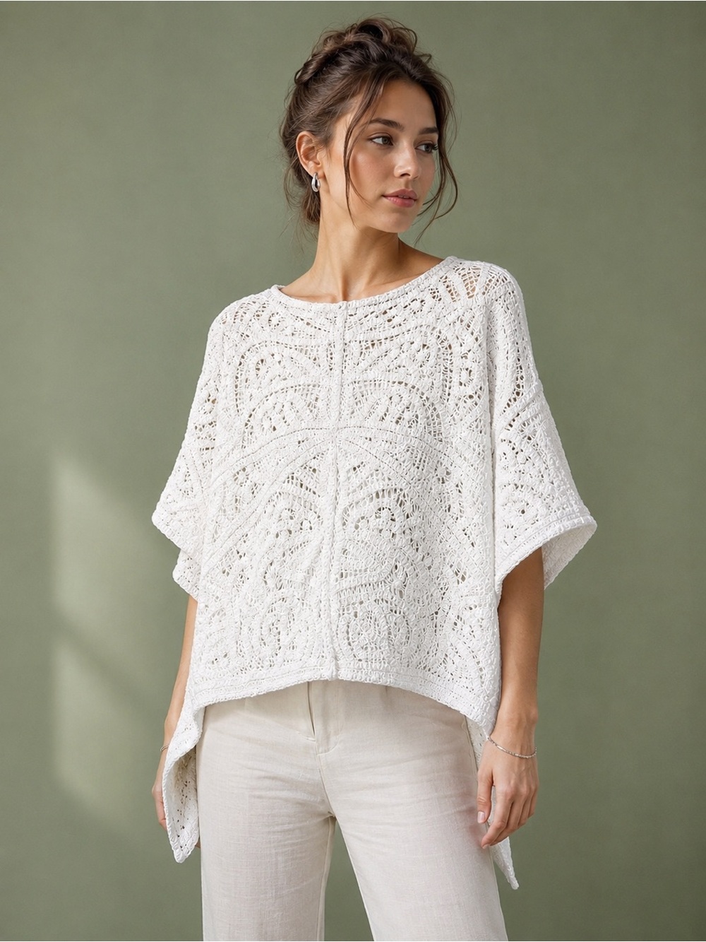 Chico's White Crochet Poncho Sweater